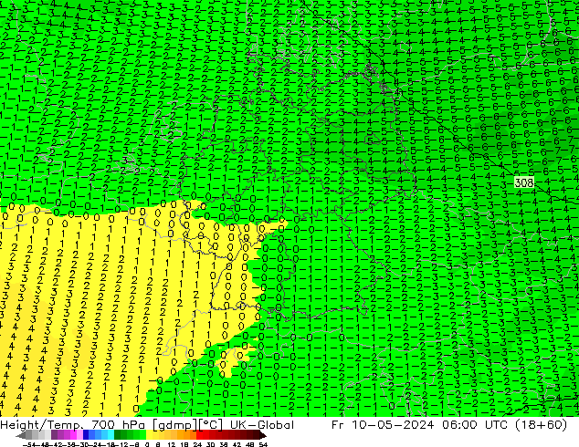 Hoogte/Temp. 700 hPa UK-Global vr 10.05.2024 06 UTC