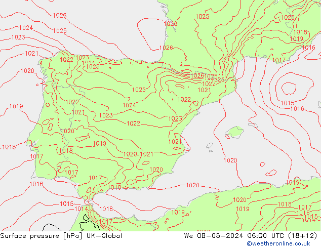 Pressione al suolo UK-Global mer 08.05.2024 06 UTC
