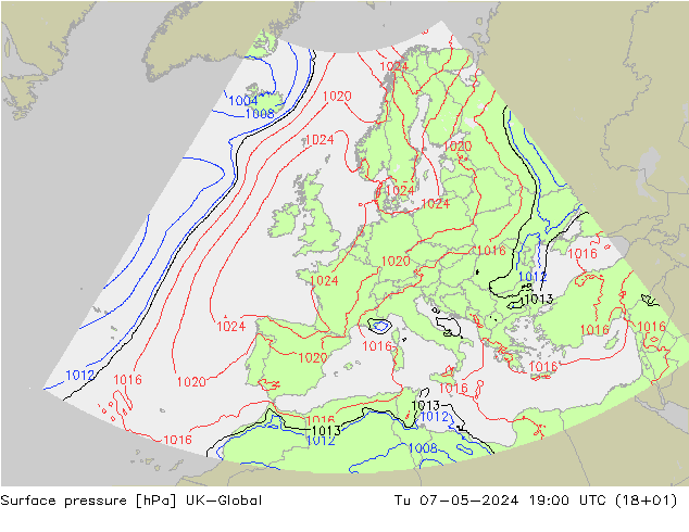 地面气压 UK-Global 星期二 07.05.2024 19 UTC