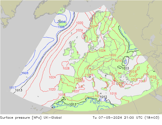 地面气压 UK-Global 星期二 07.05.2024 21 UTC