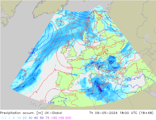 Précipitation accum. UK-Global jeu 09.05.2024 18 UTC