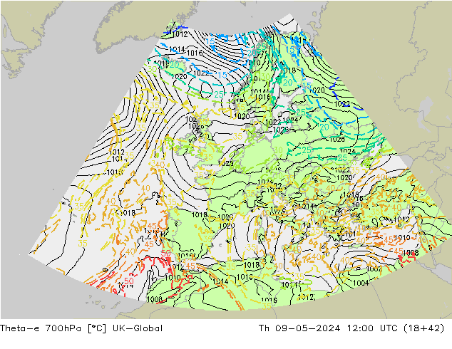 Theta-e 700hPa UK-Global Per 09.05.2024 12 UTC