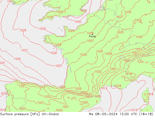 pressão do solo UK-Global Qua 08.05.2024 12 UTC