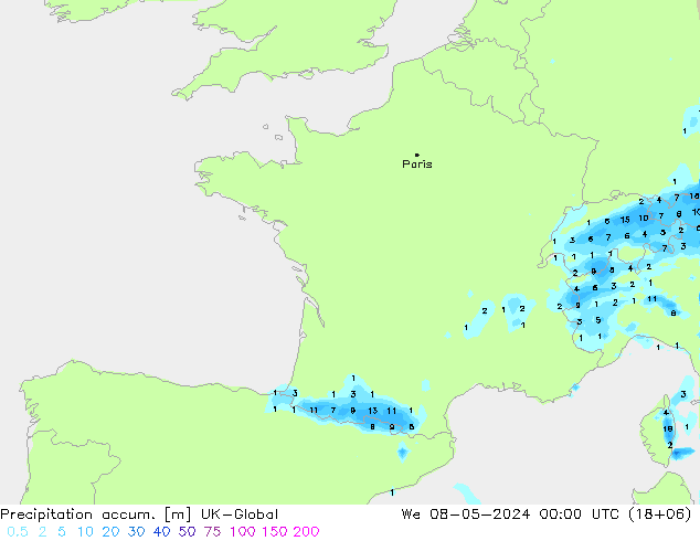 Precipitation accum. UK-Global śro. 08.05.2024 00 UTC