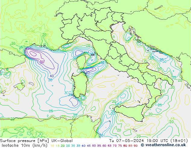 Isotachs (kph) UK-Global mar 07.05.2024 19 UTC