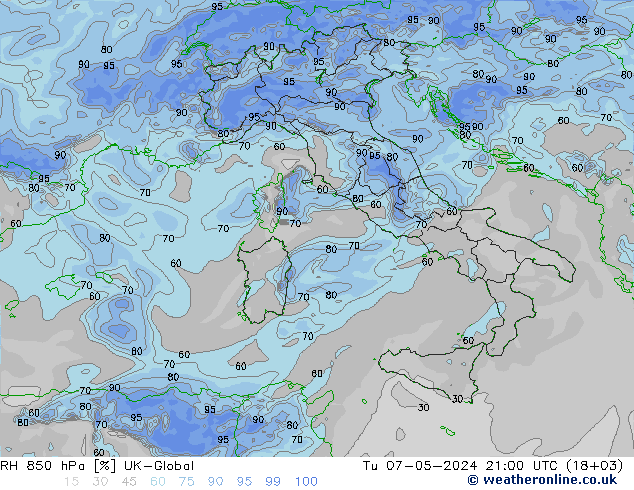 RH 850 гПа UK-Global вт 07.05.2024 21 UTC