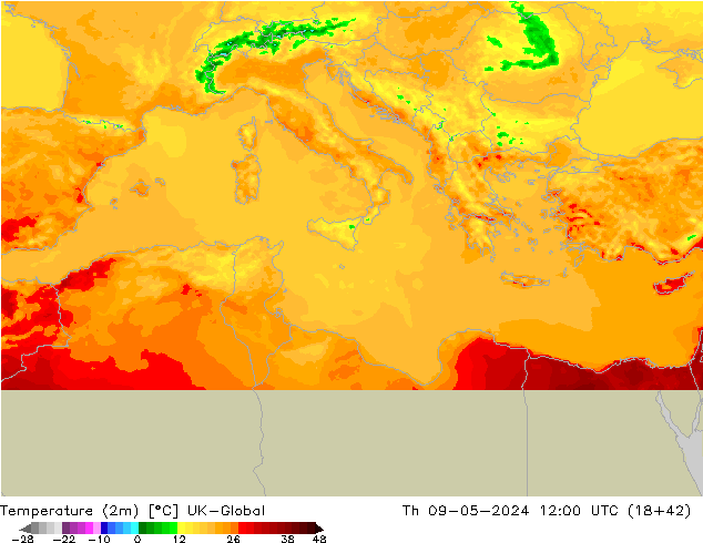 Temperature (2m) UK-Global Th 09.05.2024 12 UTC