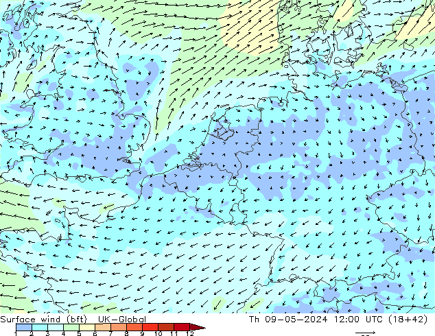 Surface wind (bft) UK-Global Čt 09.05.2024 12 UTC