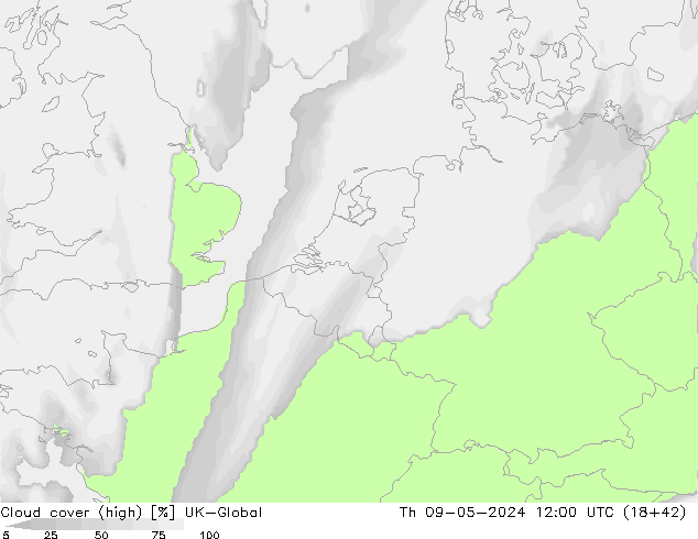 Cloud cover (high) UK-Global Th 09.05.2024 12 UTC