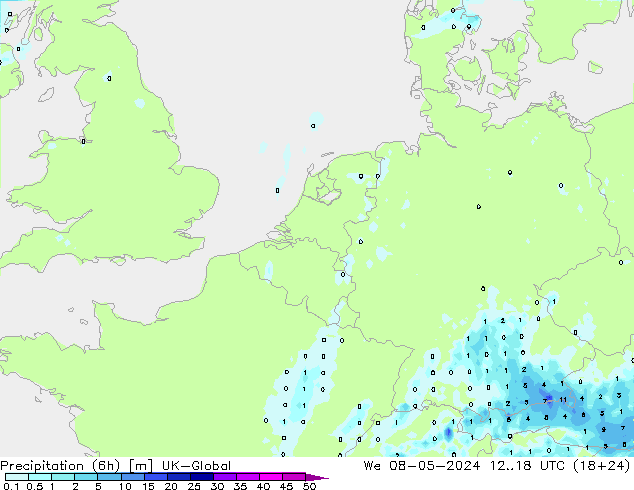 Precipitazione (6h) UK-Global mer 08.05.2024 18 UTC