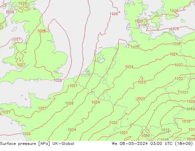 Atmosférický tlak UK-Global St 08.05.2024 03 UTC