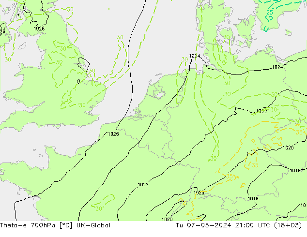 Theta-e 700hPa UK-Global Út 07.05.2024 21 UTC