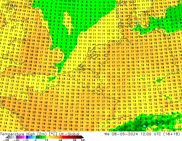 Temp. massima (2m) UK-Global mer 08.05.2024 12 UTC