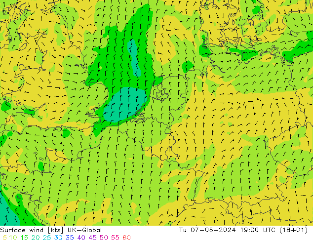 Surface wind UK-Global Út 07.05.2024 19 UTC