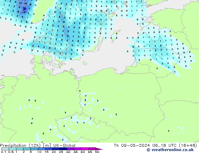 Totale neerslag (12h) UK-Global do 09.05.2024 18 UTC