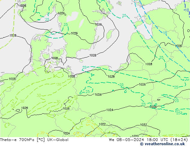 Theta-e 700hPa UK-Global mer 08.05.2024 18 UTC