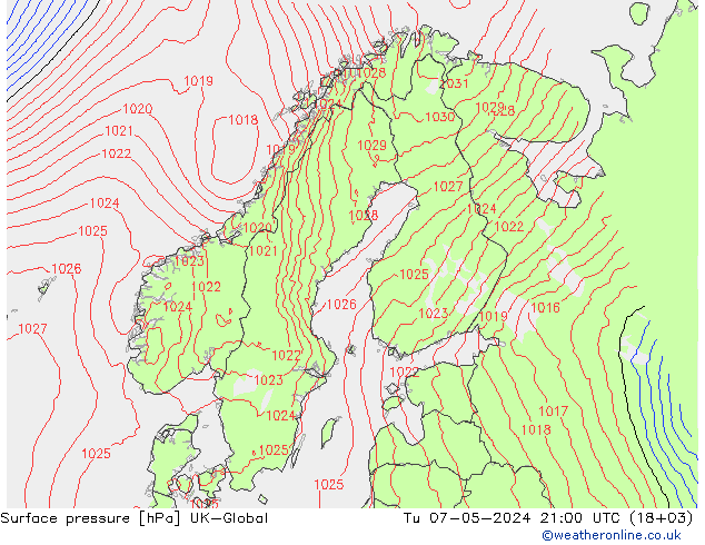 Surface pressure UK-Global Tu 07.05.2024 21 UTC