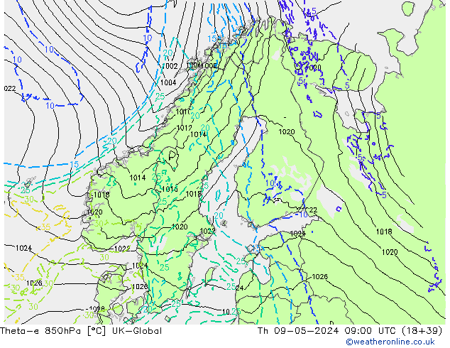 Theta-e 850hPa UK-Global Th 09.05.2024 09 UTC