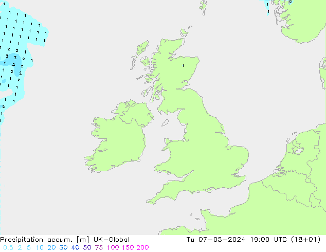 Precipitation accum. UK-Global Tu 07.05.2024 19 UTC