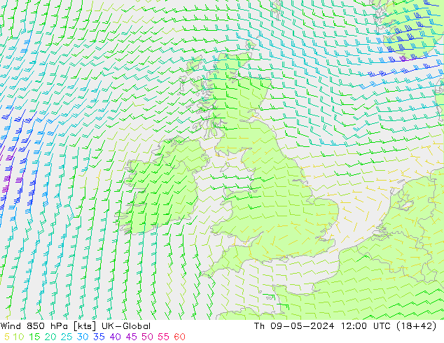 Wind 850 hPa UK-Global Th 09.05.2024 12 UTC