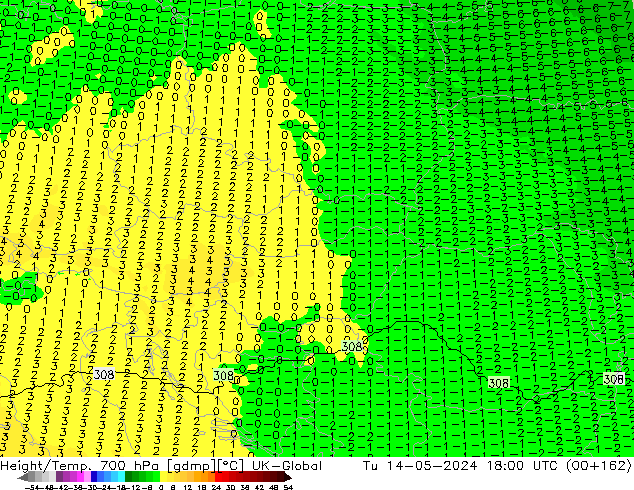 Height/Temp. 700 hPa UK-Global Tu 14.05.2024 18 UTC