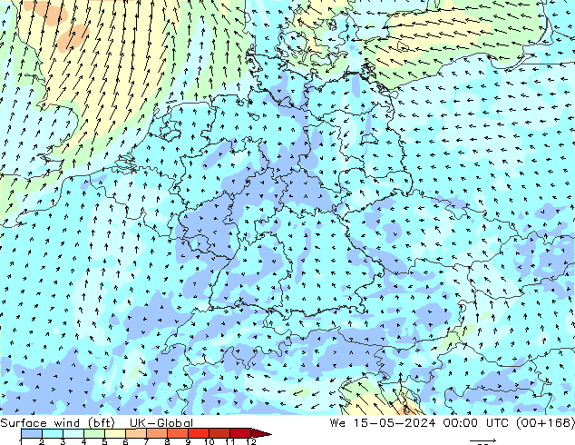 Vento 10 m (bft) UK-Global mer 15.05.2024 00 UTC
