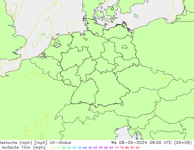 Isotachs (mph) UK-Global 星期三 08.05.2024 06 UTC