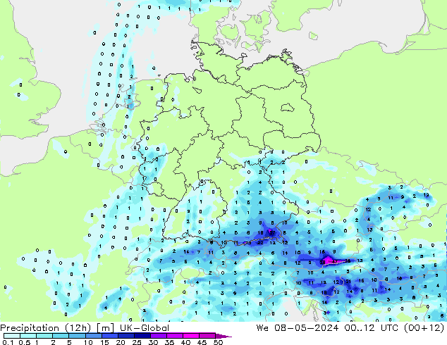 降水量 (12h) UK-Global 星期三 08.05.2024 12 UTC