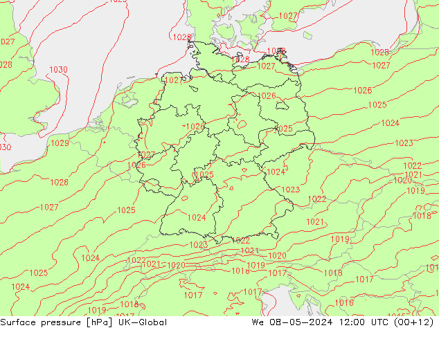 Pressione al suolo UK-Global mer 08.05.2024 12 UTC