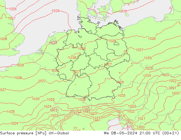 Surface pressure UK-Global We 08.05.2024 21 UTC