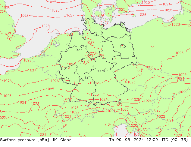 Surface pressure UK-Global Th 09.05.2024 12 UTC