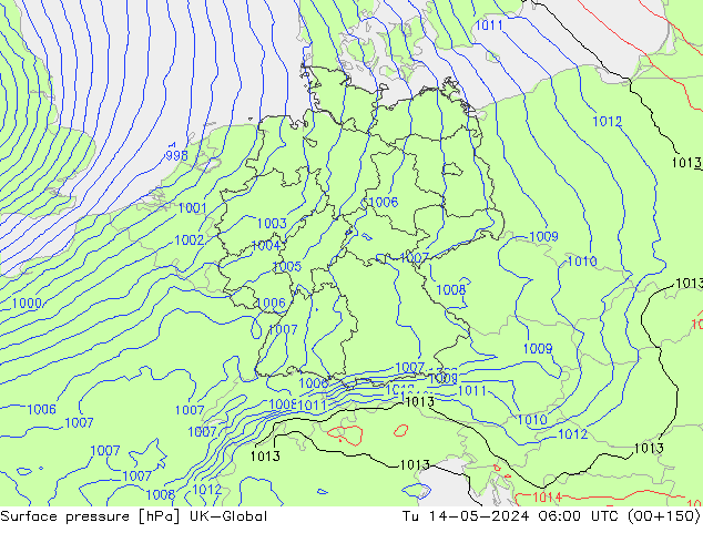 Surface pressure UK-Global Tu 14.05.2024 06 UTC