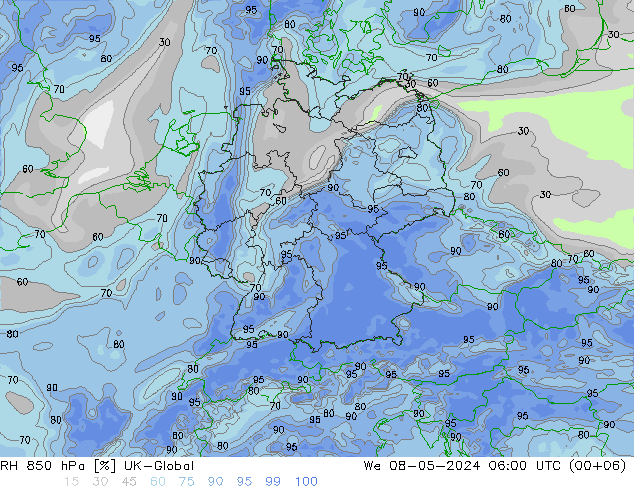 RH 850 hPa UK-Global Mi 08.05.2024 06 UTC