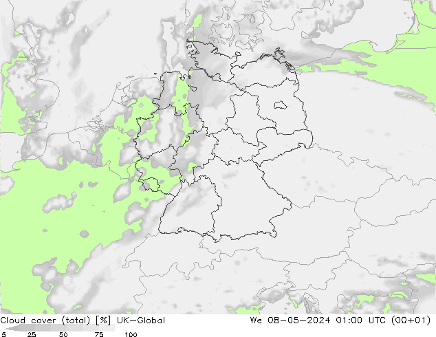 zachmurzenie (suma) UK-Global śro. 08.05.2024 01 UTC
