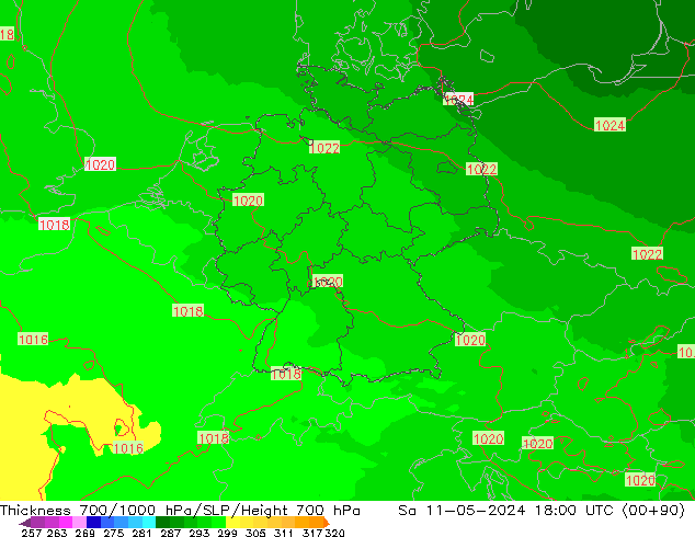 Dikte700-1000 hPa UK-Global za 11.05.2024 18 UTC