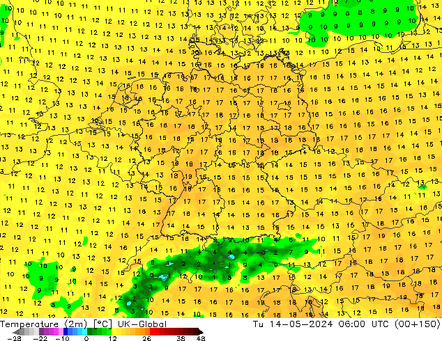 Temperatura (2m) UK-Global mar 14.05.2024 06 UTC