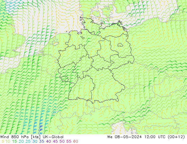 Vento 850 hPa UK-Global Qua 08.05.2024 12 UTC