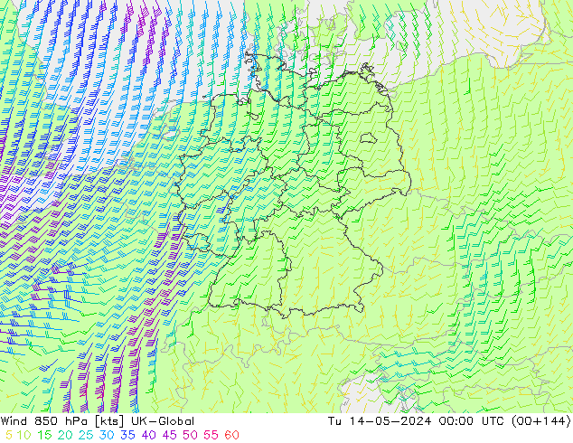 wiatr 850 hPa UK-Global wto. 14.05.2024 00 UTC