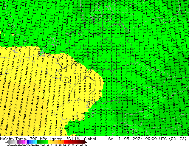 Height/Temp. 700 hPa UK-Global so. 11.05.2024 00 UTC