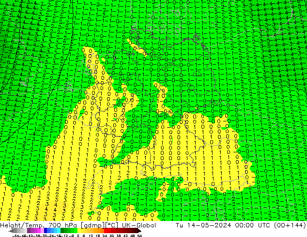 Height/Temp. 700 hPa UK-Global wto. 14.05.2024 00 UTC