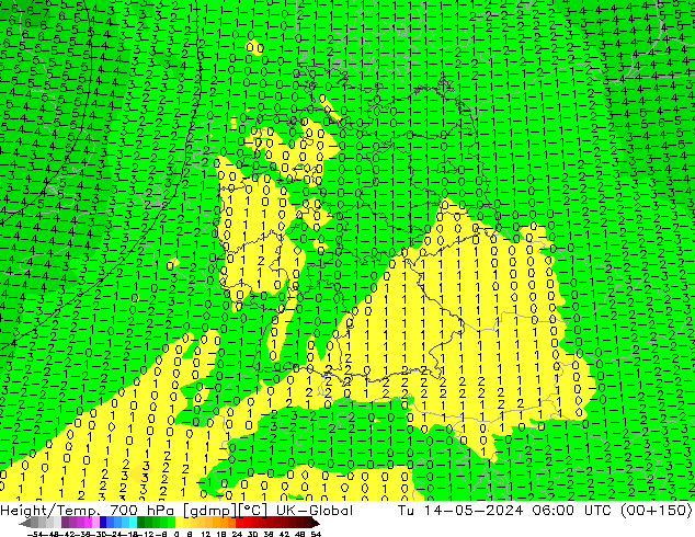 Géop./Temp. 700 hPa UK-Global mar 14.05.2024 06 UTC