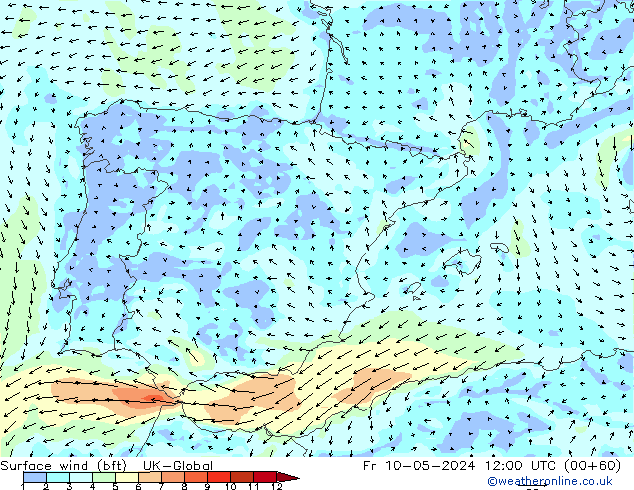 Surface wind (bft) UK-Global Fr 10.05.2024 12 UTC