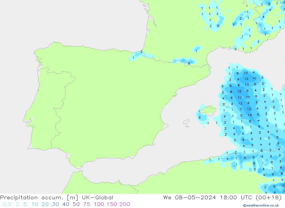 Precipitation accum. UK-Global We 08.05.2024 18 UTC