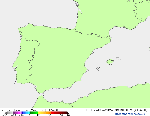 Min. Temperatura (2m) UK-Global czw. 09.05.2024 06 UTC