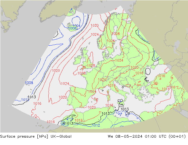 Pressione al suolo UK-Global mer 08.05.2024 01 UTC