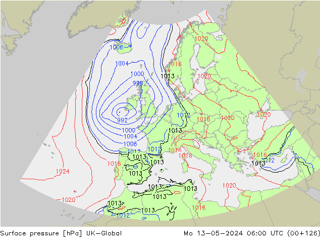 Pressione al suolo UK-Global lun 13.05.2024 06 UTC