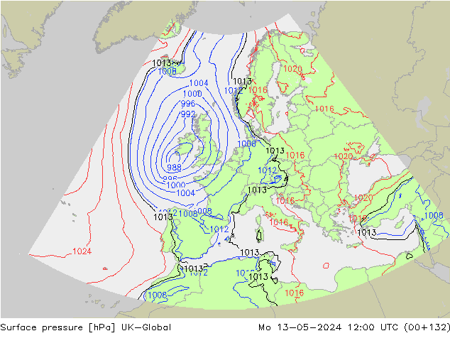 Pressione al suolo UK-Global lun 13.05.2024 12 UTC