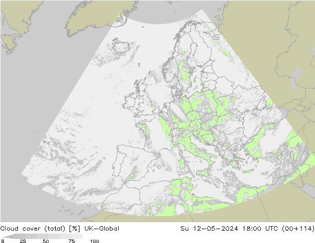 Cloud cover (total) UK-Global Su 12.05.2024 18 UTC