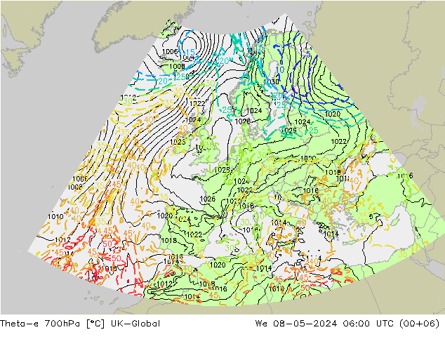 Theta-e 700hPa UK-Global mer 08.05.2024 06 UTC