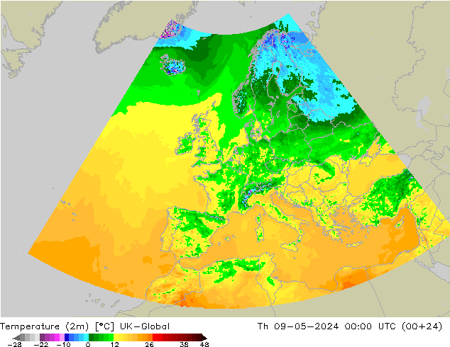 Temperatura (2m) UK-Global gio 09.05.2024 00 UTC